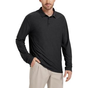 imageODODOS Mens Performance Long Sleeve Polo Stratum Tech Golf TShirts Ultra Soft Moisture Wicking UPF 50 Casual TopsBlack Heather