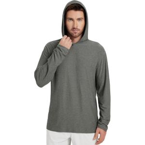 imageODODOS Mens Long Sleeve Hoodie  Stratum Tech Performance Pullover  Ultra Soft Moisture Wicking UPF 50 TopSmoke Heather