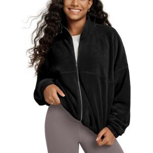 imageODODOS Womens Polar Fleece FullZip Cinchable Jacket  Soft Warm Winter Long Sleeve Outerwear with PocketsBlack