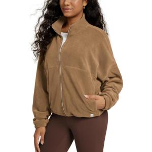 imageODODOS Womens Polar Fleece FullZip Cinchable Jacket  Soft Warm Winter Long Sleeve Outerwear with PocketsCaramel Brown