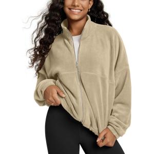 imageODODOS Womens Polar Fleece FullZip Cinchable Jacket  Soft Warm Winter Long Sleeve Outerwear with PocketsSandstone