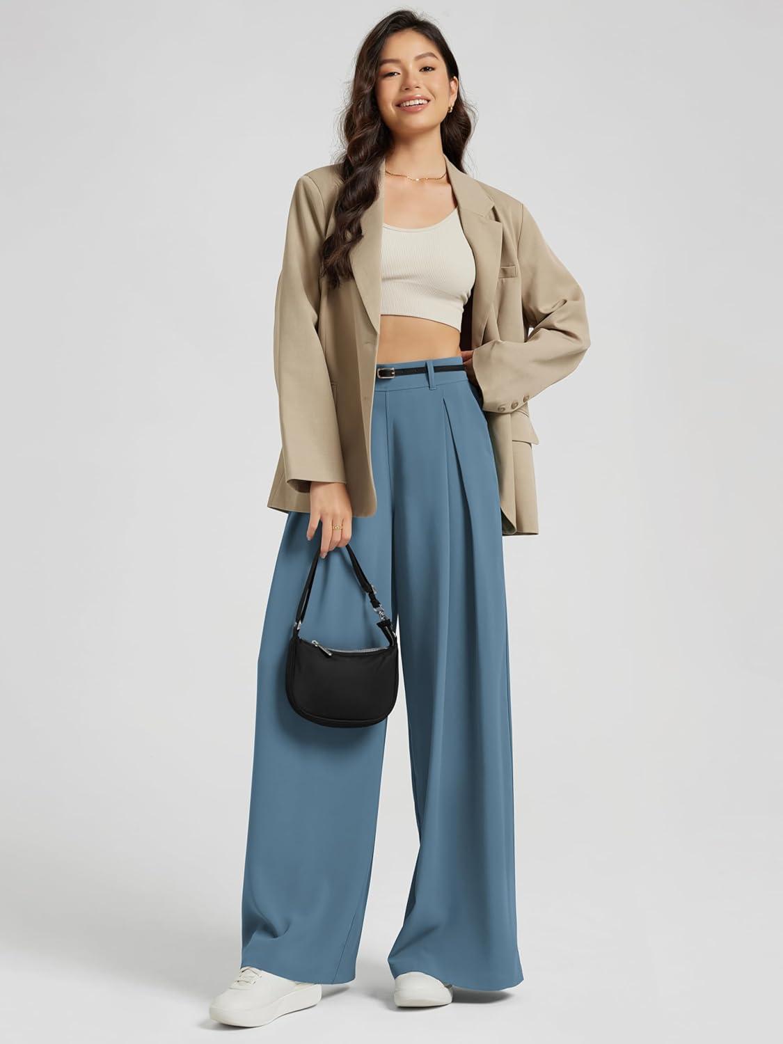 imageODODOS Chiffon Flowy Pleated Wide Leg Pants for Women Lightweight High Waist Trouser with Pockets2729quot 31quot InseamBlue Ashes