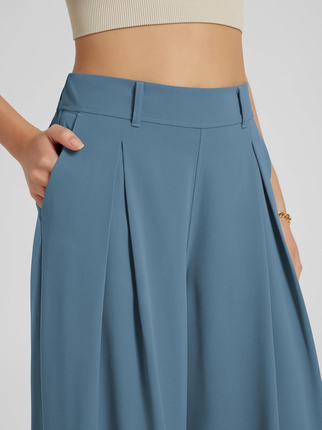 imageODODOS Chiffon Flowy Pleated Wide Leg Pants for Women Lightweight High Waist Trouser with Pockets2729quot 31quot InseamBlue Ashes