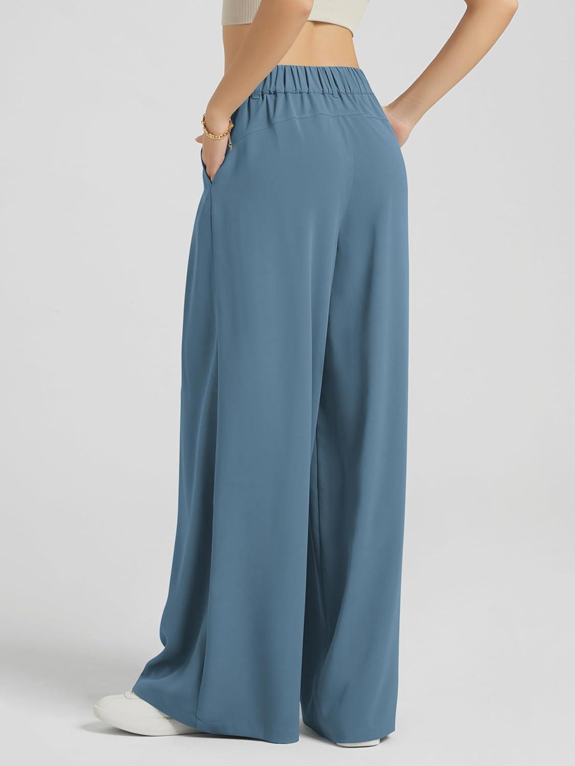 imageODODOS Chiffon Flowy Pleated Wide Leg Pants for Women Lightweight High Waist Trouser with Pockets2729quot 31quot InseamBlue Ashes