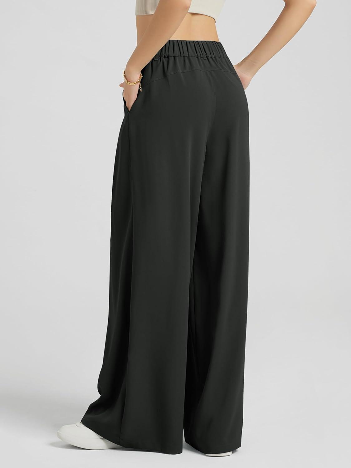 imageODODOS Chiffon Flowy Pleated Wide Leg Pants for Women Lightweight High Waist Trouser with Pockets2729quot 31quot InseamClassic Black