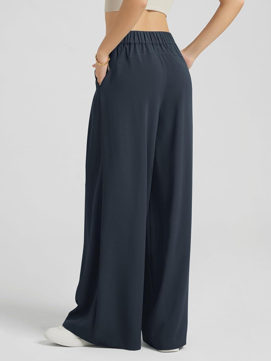 imageODODOS Chiffon Flowy Pleated Wide Leg Pants for Women Lightweight High Waist Trouser with Pockets2729quot 31quot InseamDark Navy