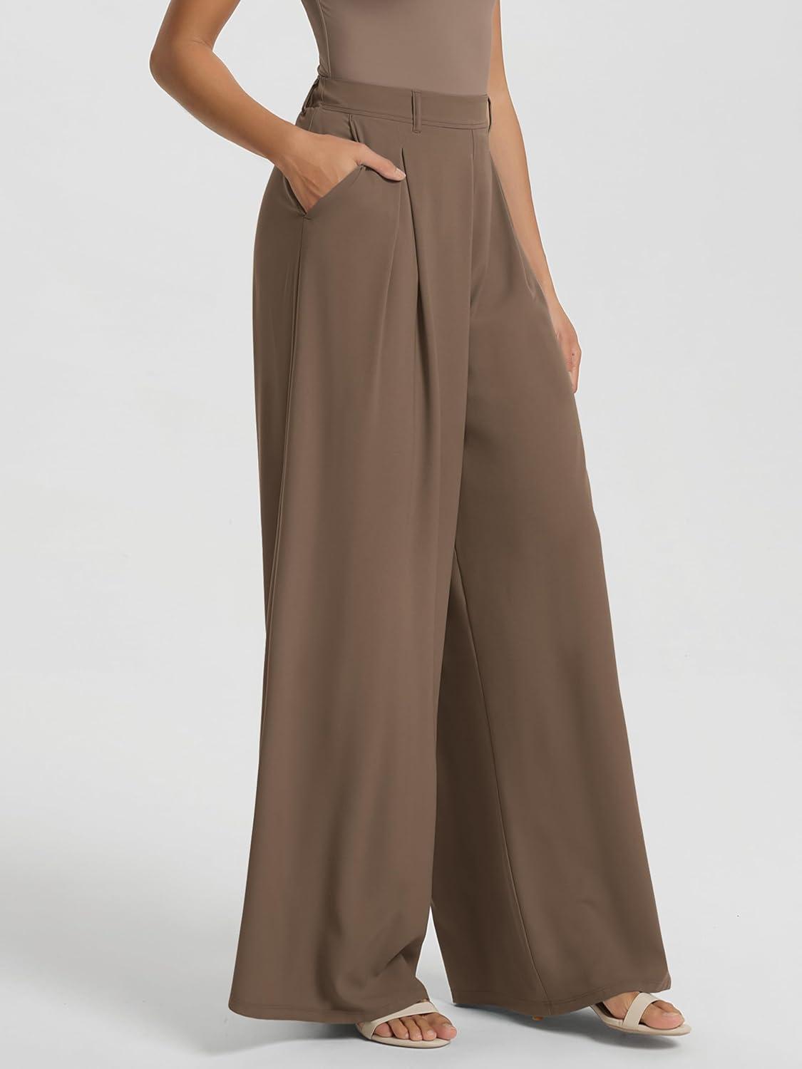 imageODODOS Chiffon Flowy Pleated Wide Leg Pants for Women Lightweight High Waist Trouser with Pockets2729quot 31quot InseamEmperador