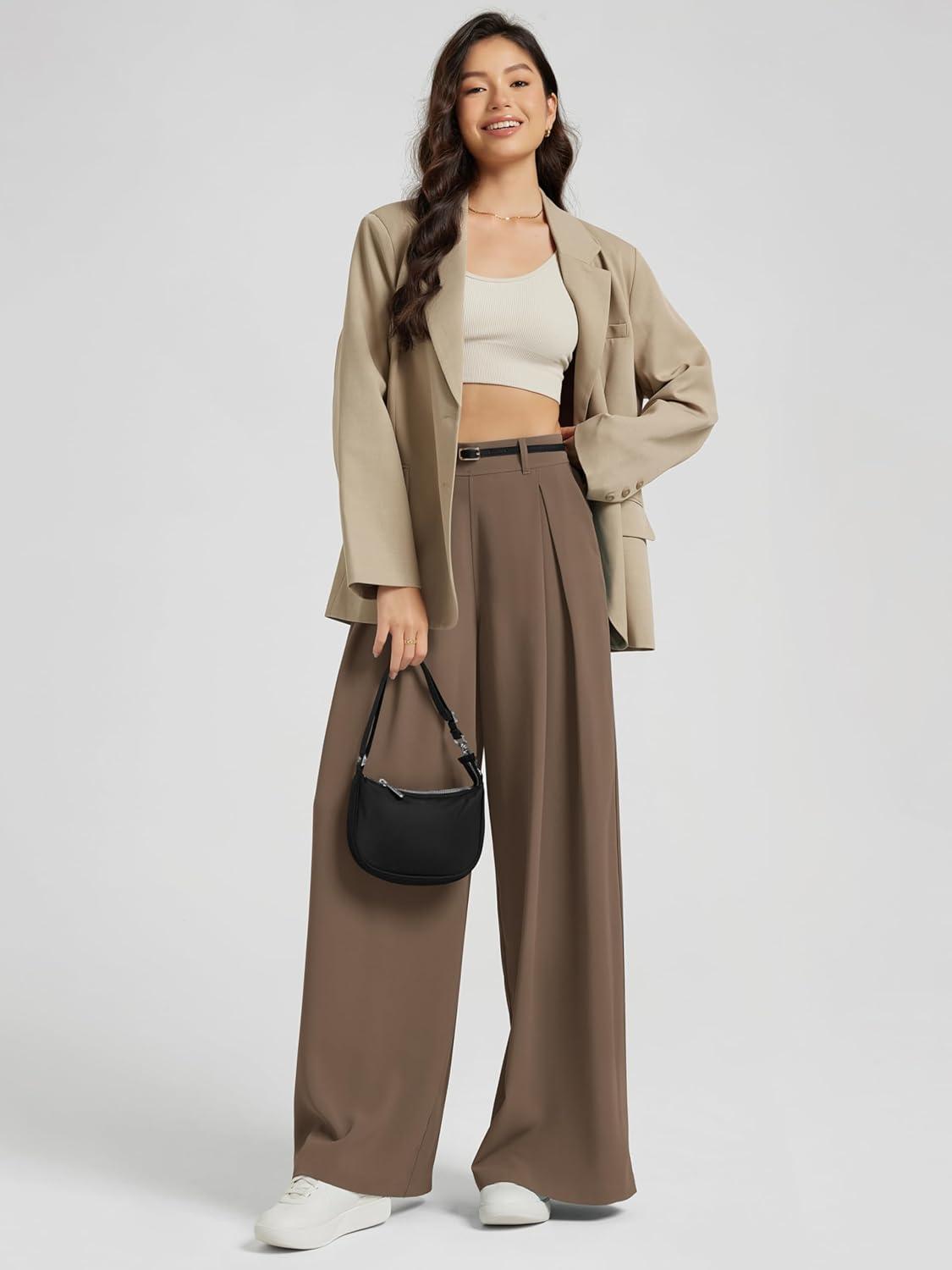 imageODODOS Chiffon Flowy Pleated Wide Leg Pants for Women Lightweight High Waist Trouser with Pockets2729quot 31quot InseamEmperador