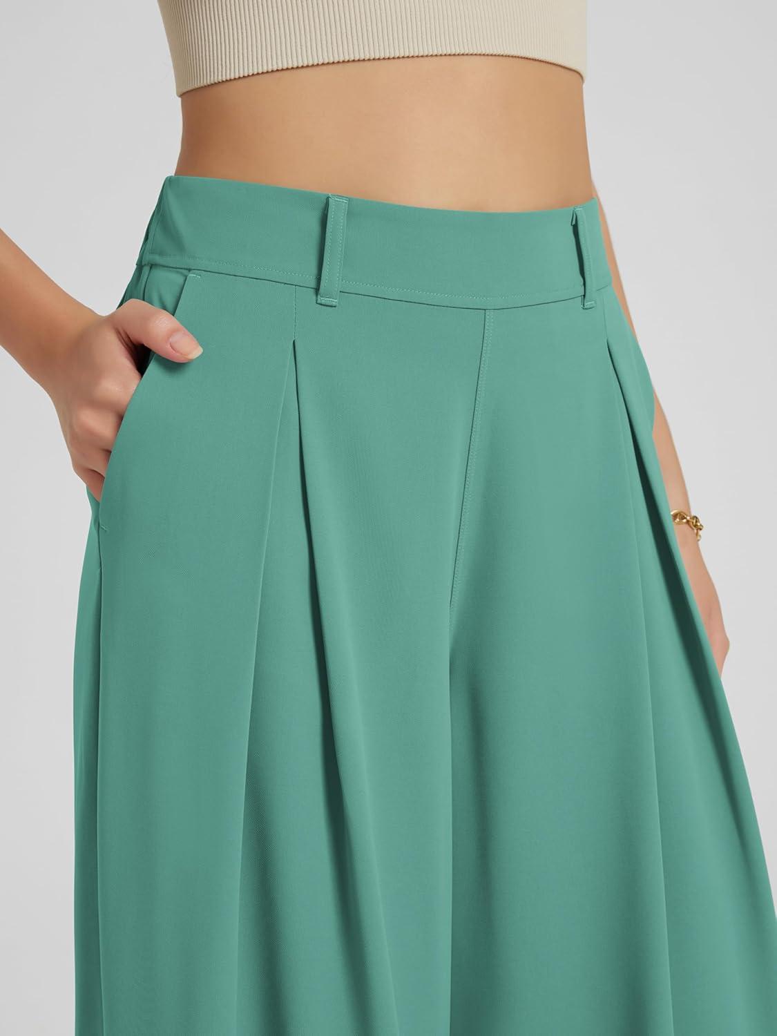 imageODODOS Chiffon Flowy Pleated Wide Leg Pants for Women Lightweight High Waist Trouser with Pockets2729quot 31quot InseamLake Green