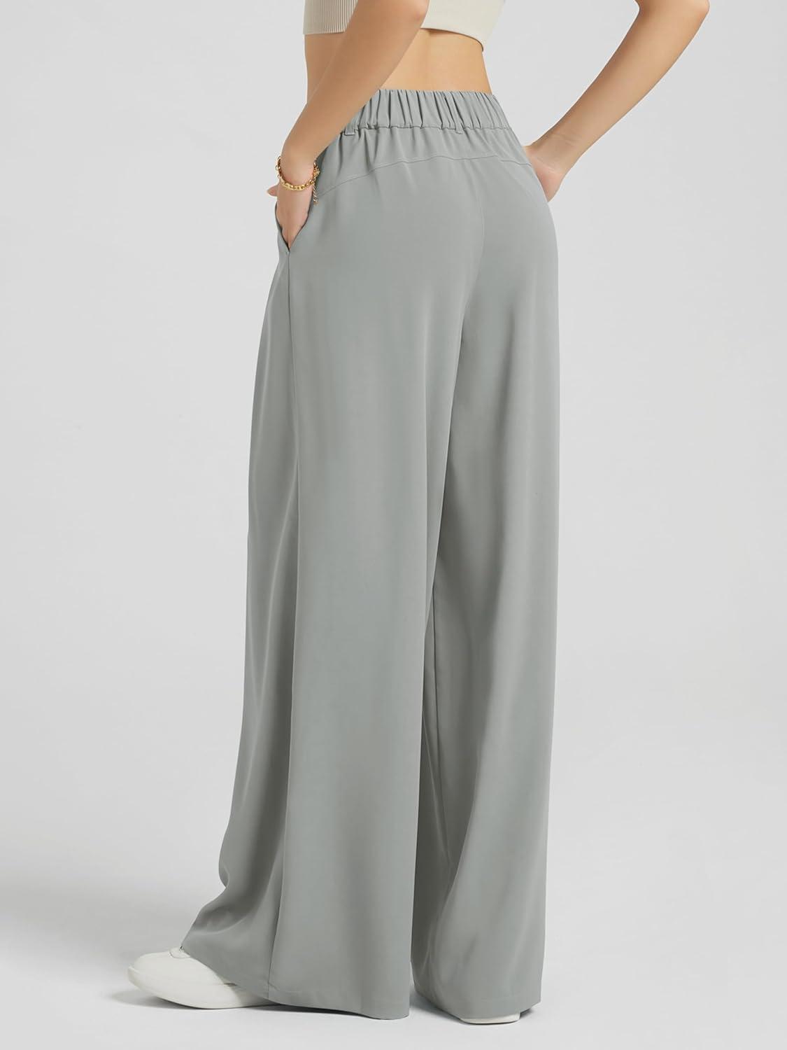 imageODODOS Chiffon Flowy Pleated Wide Leg Pants for Women Lightweight High Waist Trouser with Pockets2729quot 31quot InseamMirage Gray