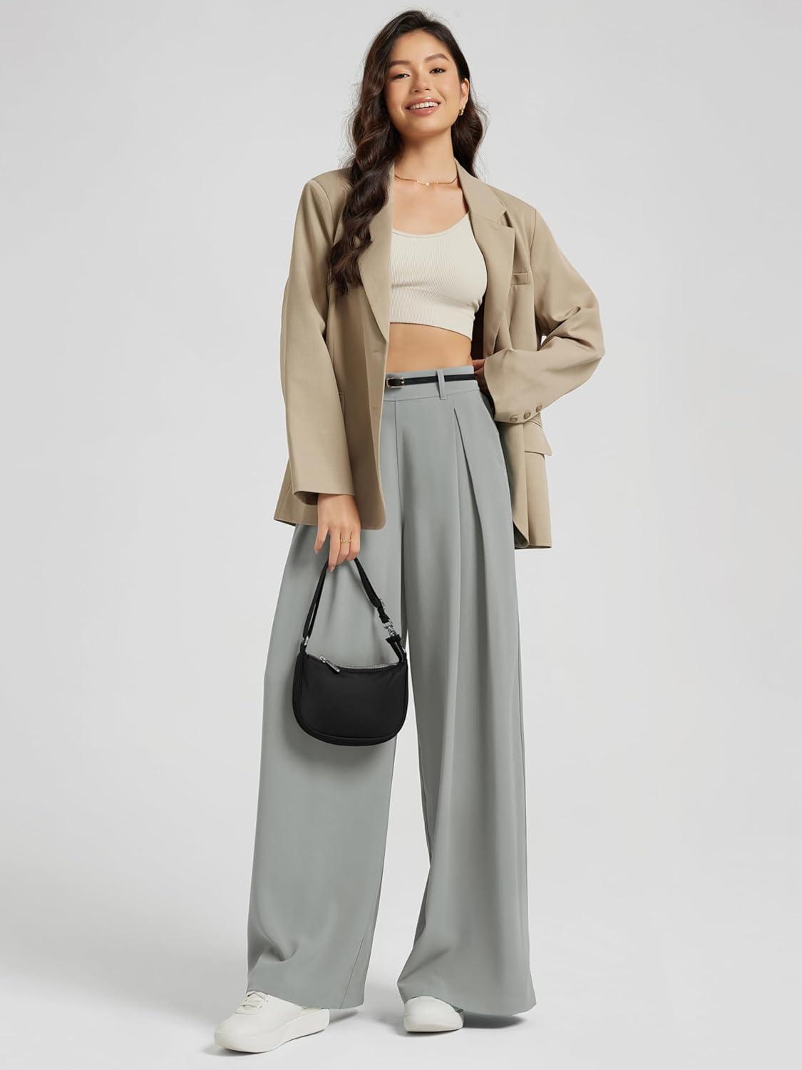 imageODODOS Chiffon Flowy Pleated Wide Leg Pants for Women Lightweight High Waist Trouser with Pockets2729quot 31quot InseamMirage Gray