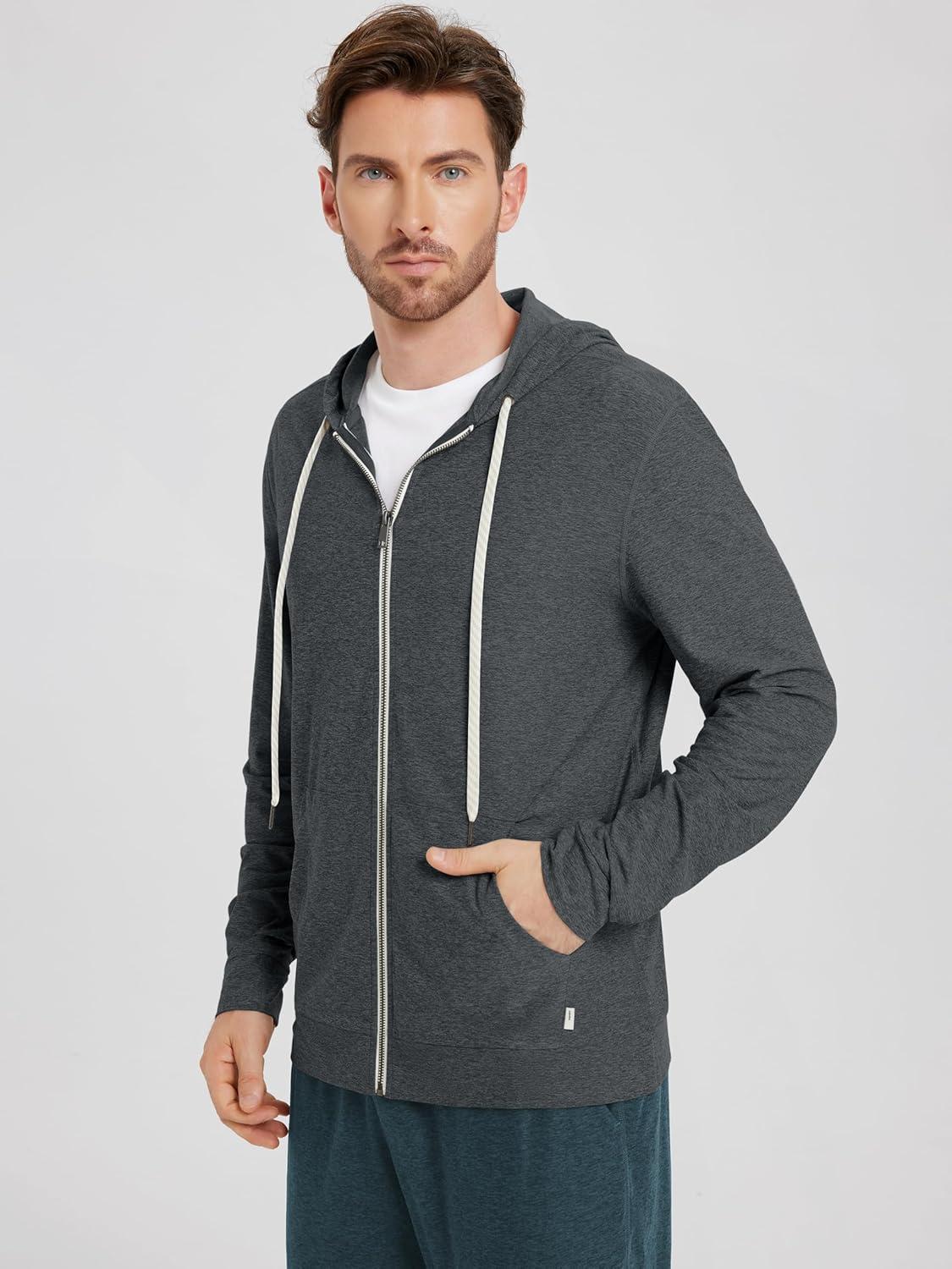 imageODODOS Mens FullZip Hoodie  Stratum Tech Ultra Soft Outfit UPF 50 Performance Hooded Jacket with PocketsCharcoal Heather