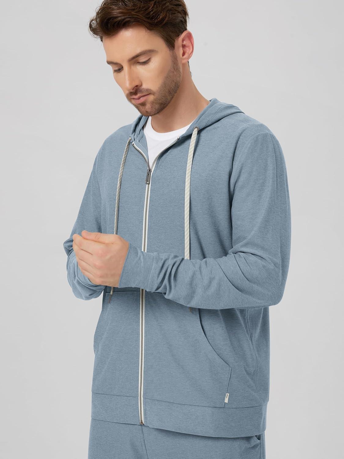 imageODODOS Mens FullZip Hoodie  Stratum Tech Ultra Soft Outfit UPF 50 Performance Hooded Jacket with PocketsDusty Blue Heather