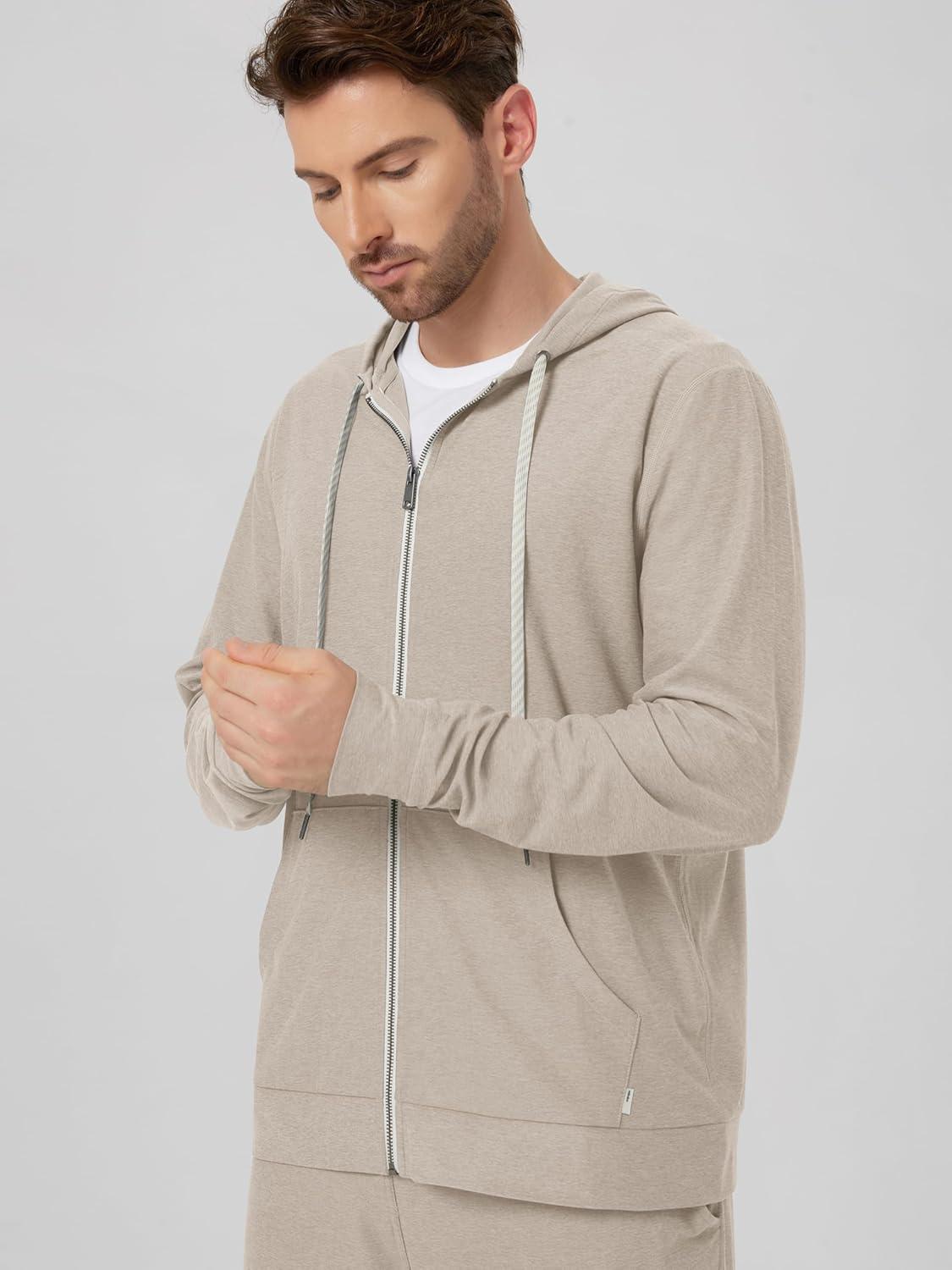 imageODODOS Mens FullZip Hoodie  Stratum Tech Ultra Soft Outfit UPF 50 Performance Hooded Jacket with PocketsMocha Heather