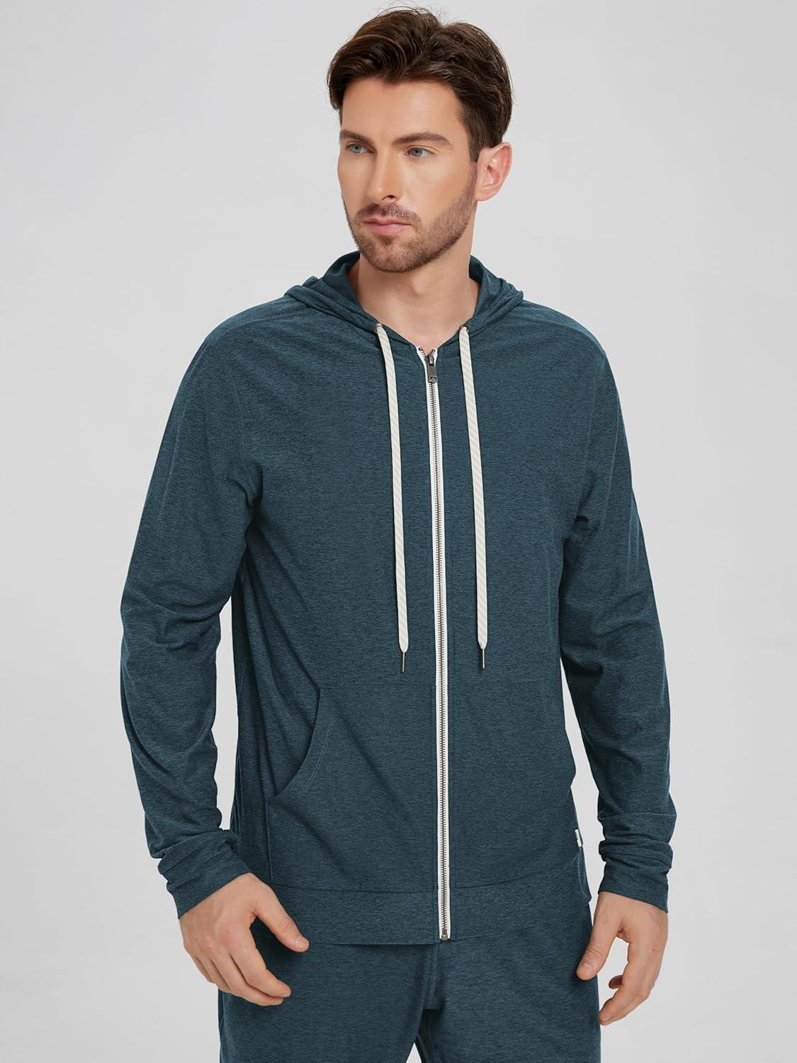 imageODODOS Mens FullZip Hoodie  Stratum Tech Ultra Soft Outfit UPF 50 Performance Hooded Jacket with PocketsNavy Heather