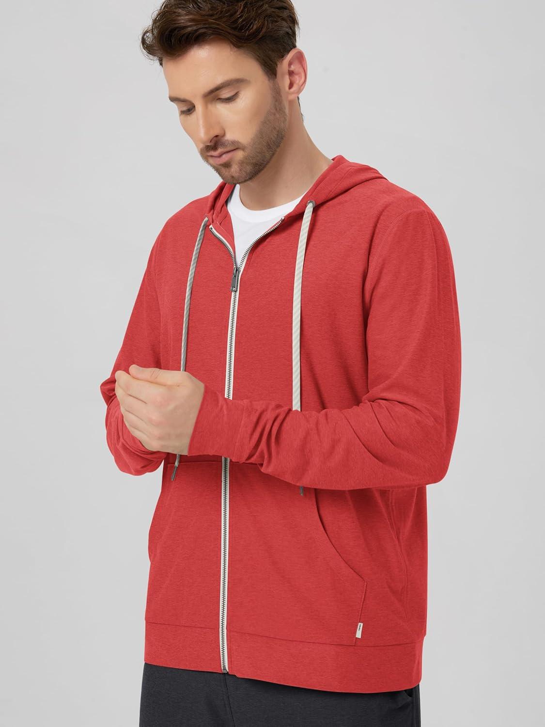 imageODODOS Mens FullZip Hoodie  Stratum Tech Ultra Soft Outfit UPF 50 Performance Hooded Jacket with PocketsRed Heather