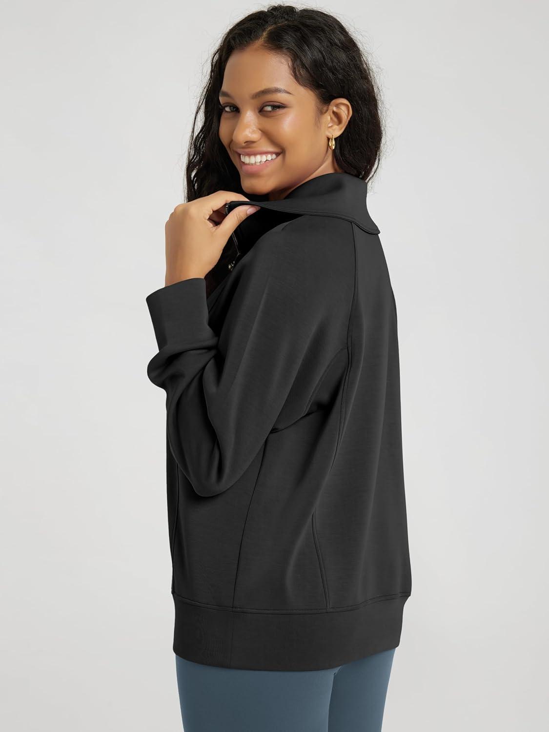 imageODODOS Modal Soft HalfZip Sweatshirts for Women Long Sleeve Relaxed Fit Collared Pullover TopBlack