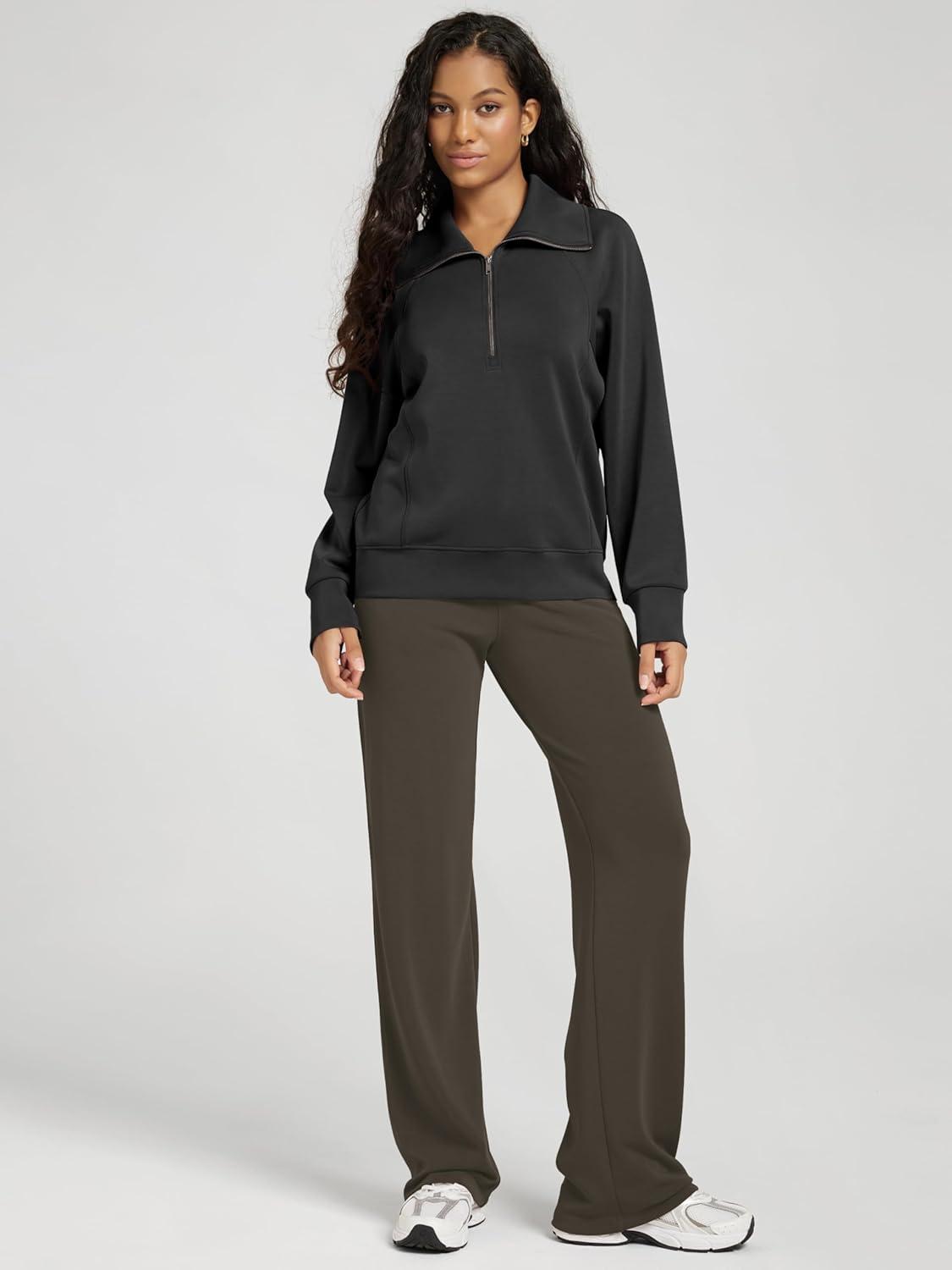 imageODODOS Modal Soft HalfZip Sweatshirts for Women Long Sleeve Relaxed Fit Collared Pullover TopBlack