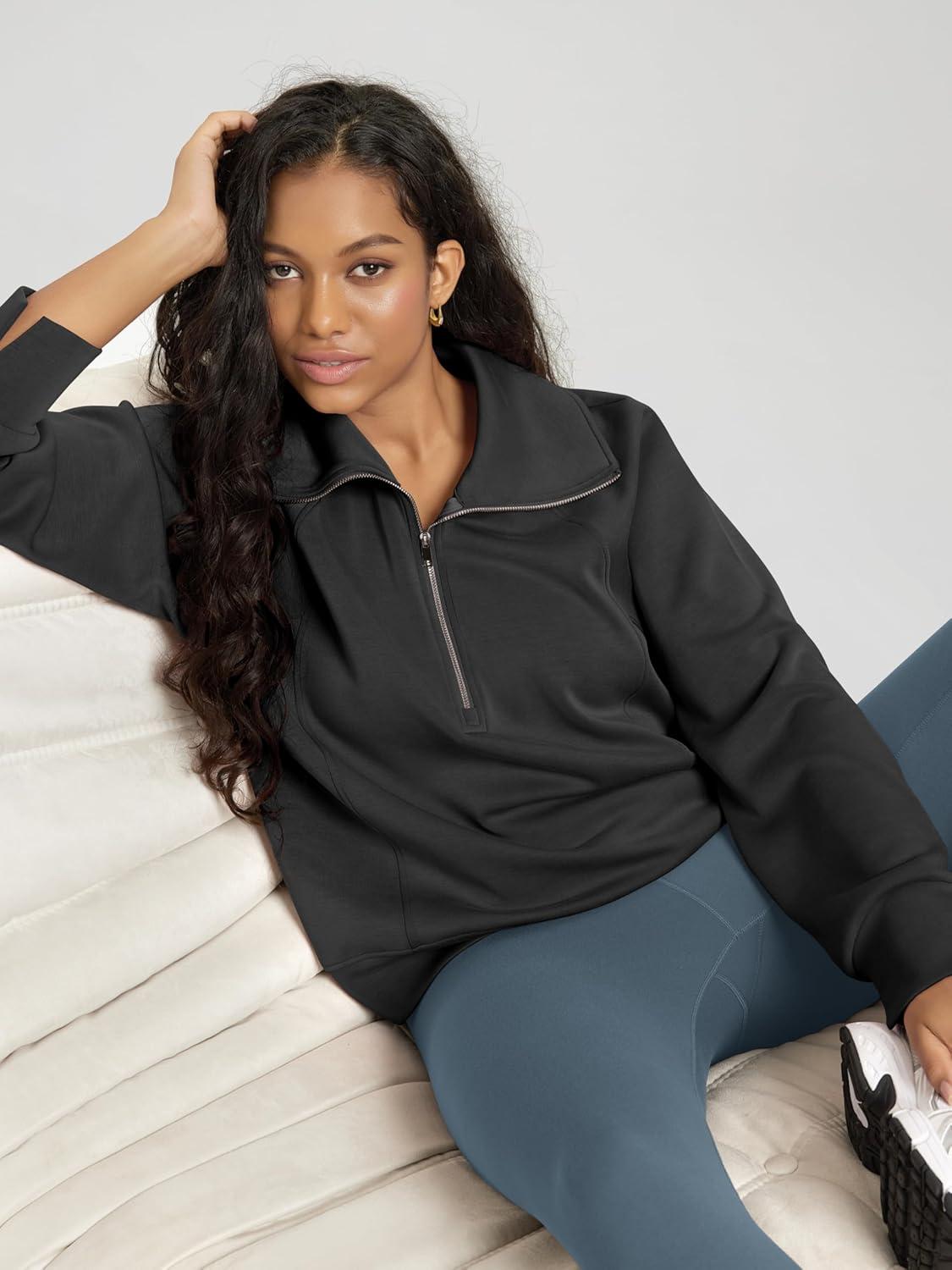 imageODODOS Modal Soft HalfZip Sweatshirts for Women Long Sleeve Relaxed Fit Collared Pullover TopBlack