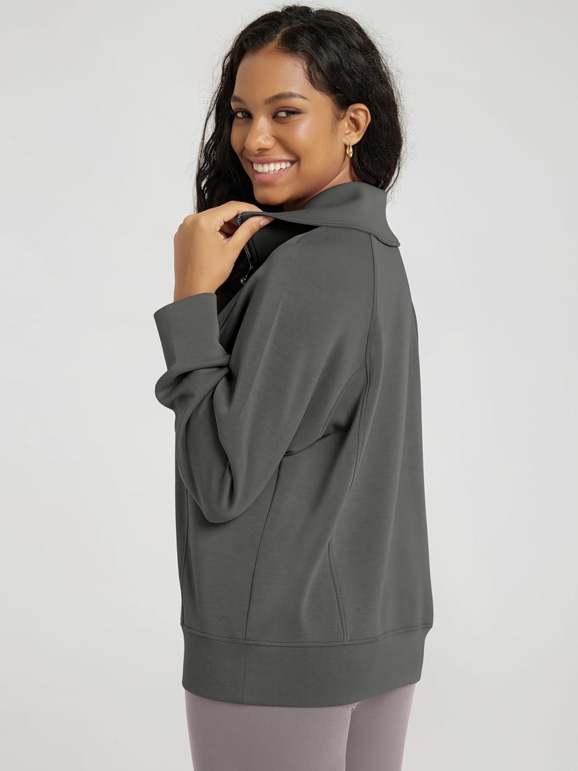 imageODODOS Modal Soft HalfZip Sweatshirts for Women Long Sleeve Relaxed Fit Collared Pullover TopCharcoal