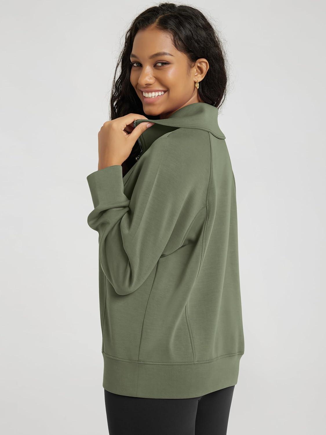 imageODODOS Modal Soft HalfZip Sweatshirts for Women Long Sleeve Relaxed Fit Collared Pullover TopDark Sage