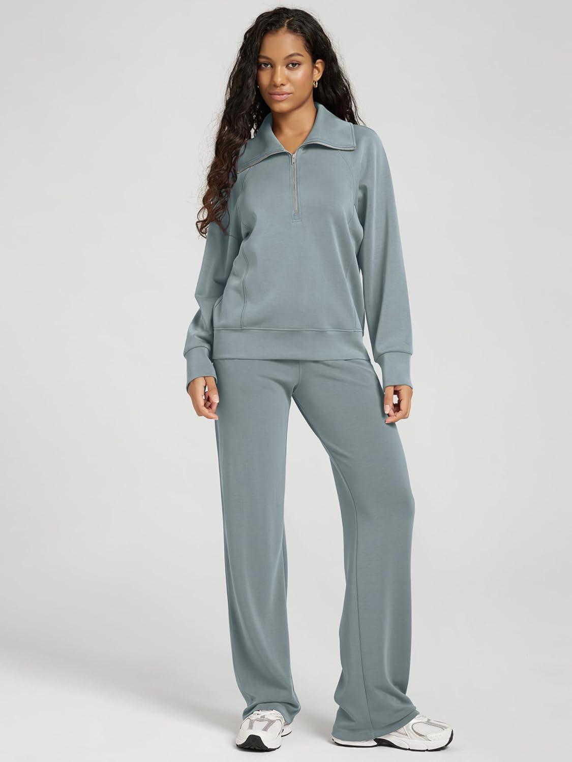 imageODODOS Modal Soft HalfZip Sweatshirts for Women Long Sleeve Relaxed Fit Collared Pullover TopGrey Blue