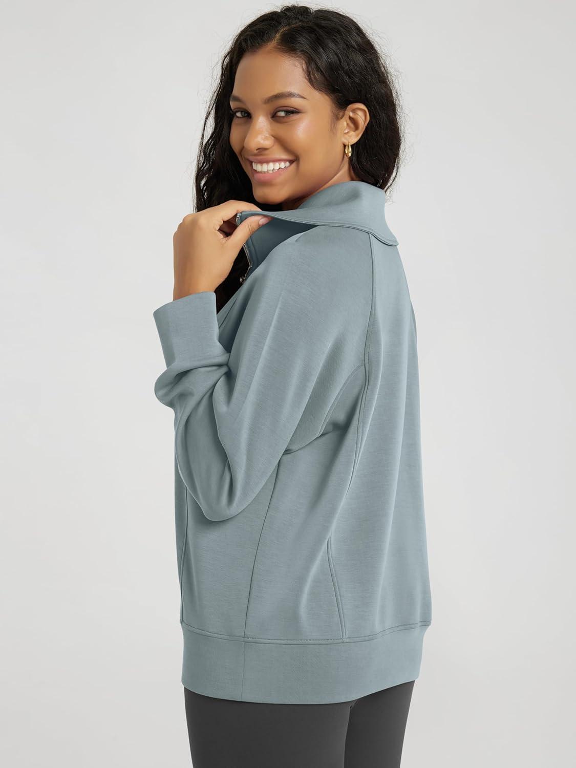 imageODODOS Modal Soft HalfZip Sweatshirts for Women Long Sleeve Relaxed Fit Collared Pullover TopGrey Blue