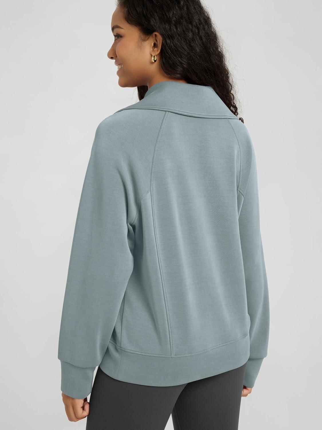 imageODODOS Modal Soft HalfZip Sweatshirts for Women Long Sleeve Relaxed Fit Collared Pullover TopGrey Blue