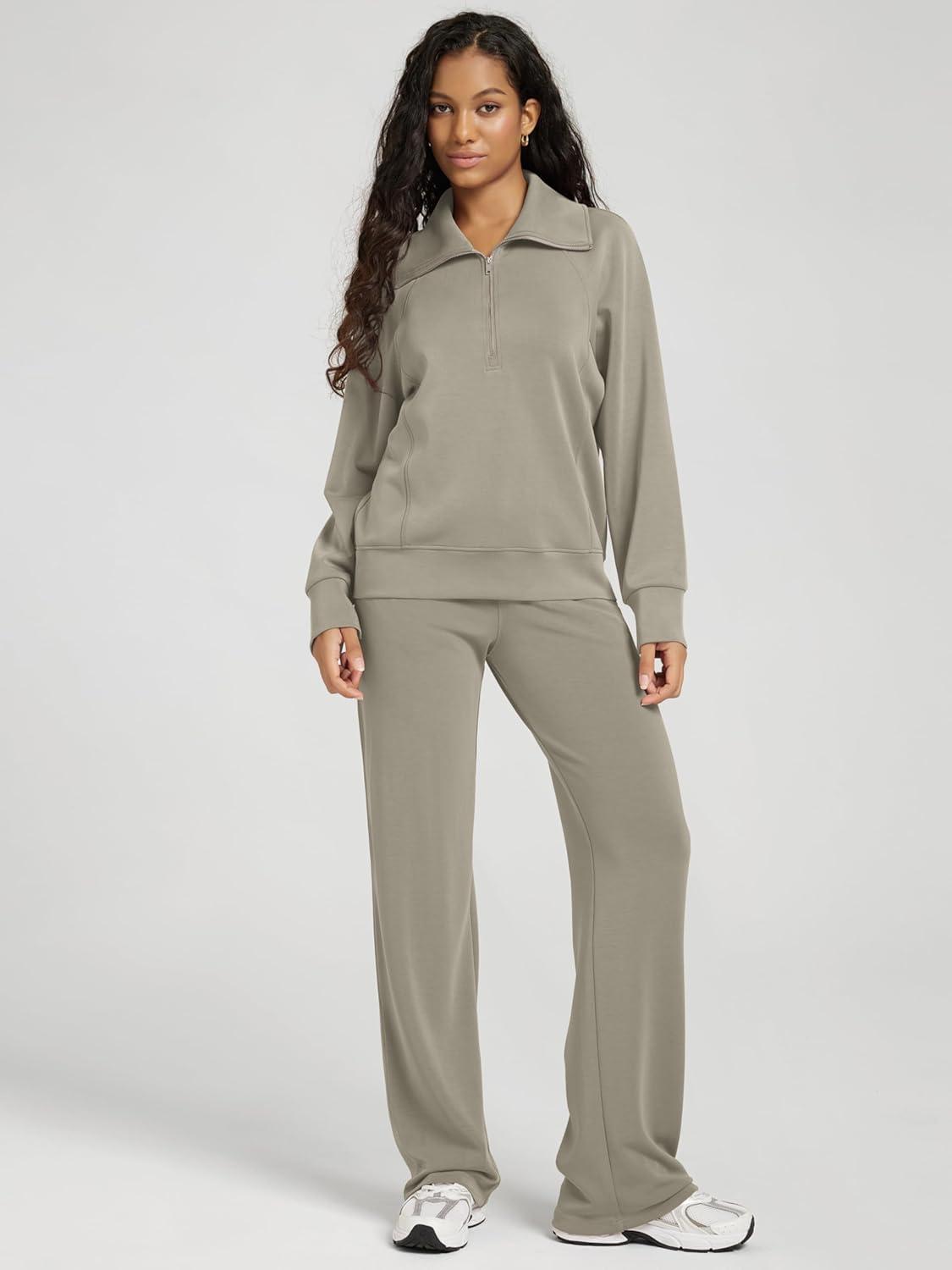 imageODODOS Modal Soft HalfZip Sweatshirts for Women Long Sleeve Relaxed Fit Collared Pullover TopKhaki