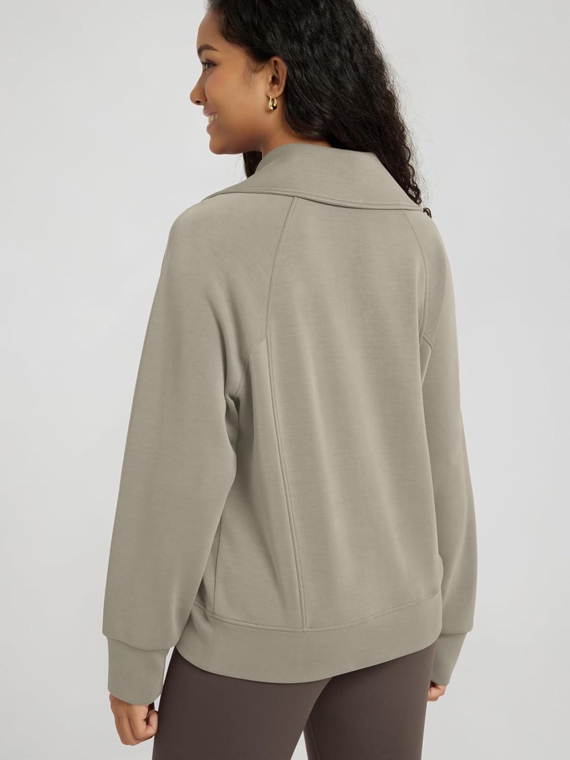 imageODODOS Modal Soft HalfZip Sweatshirts for Women Long Sleeve Relaxed Fit Collared Pullover TopKhaki