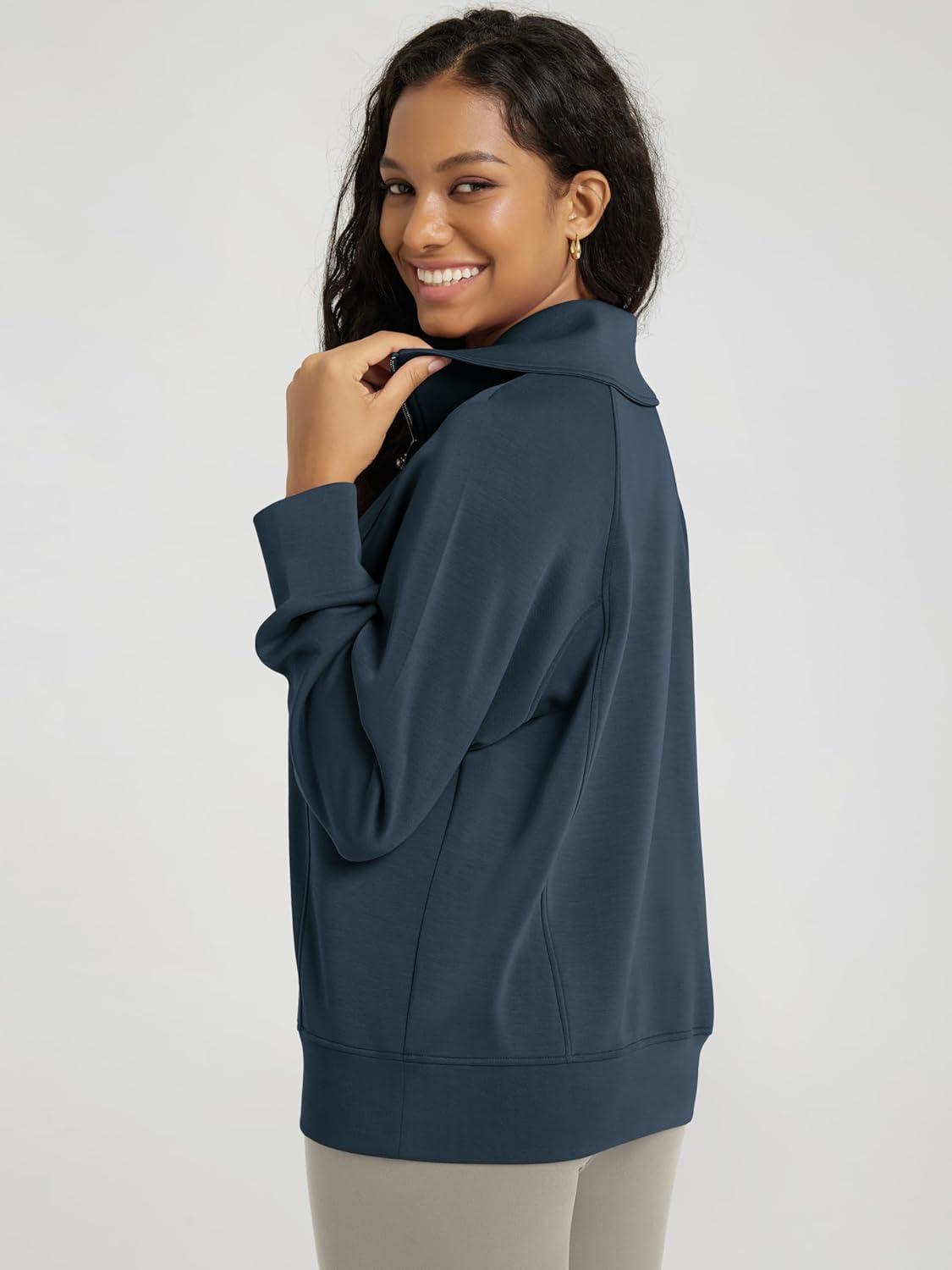 imageODODOS Modal Soft HalfZip Sweatshirts for Women Long Sleeve Relaxed Fit Collared Pullover TopNavy