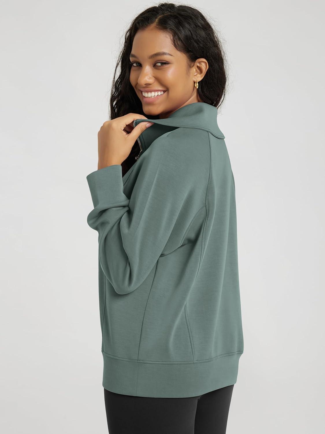 imageODODOS Modal Soft HalfZip Sweatshirts for Women Long Sleeve Relaxed Fit Collared Pullover TopSlate Green