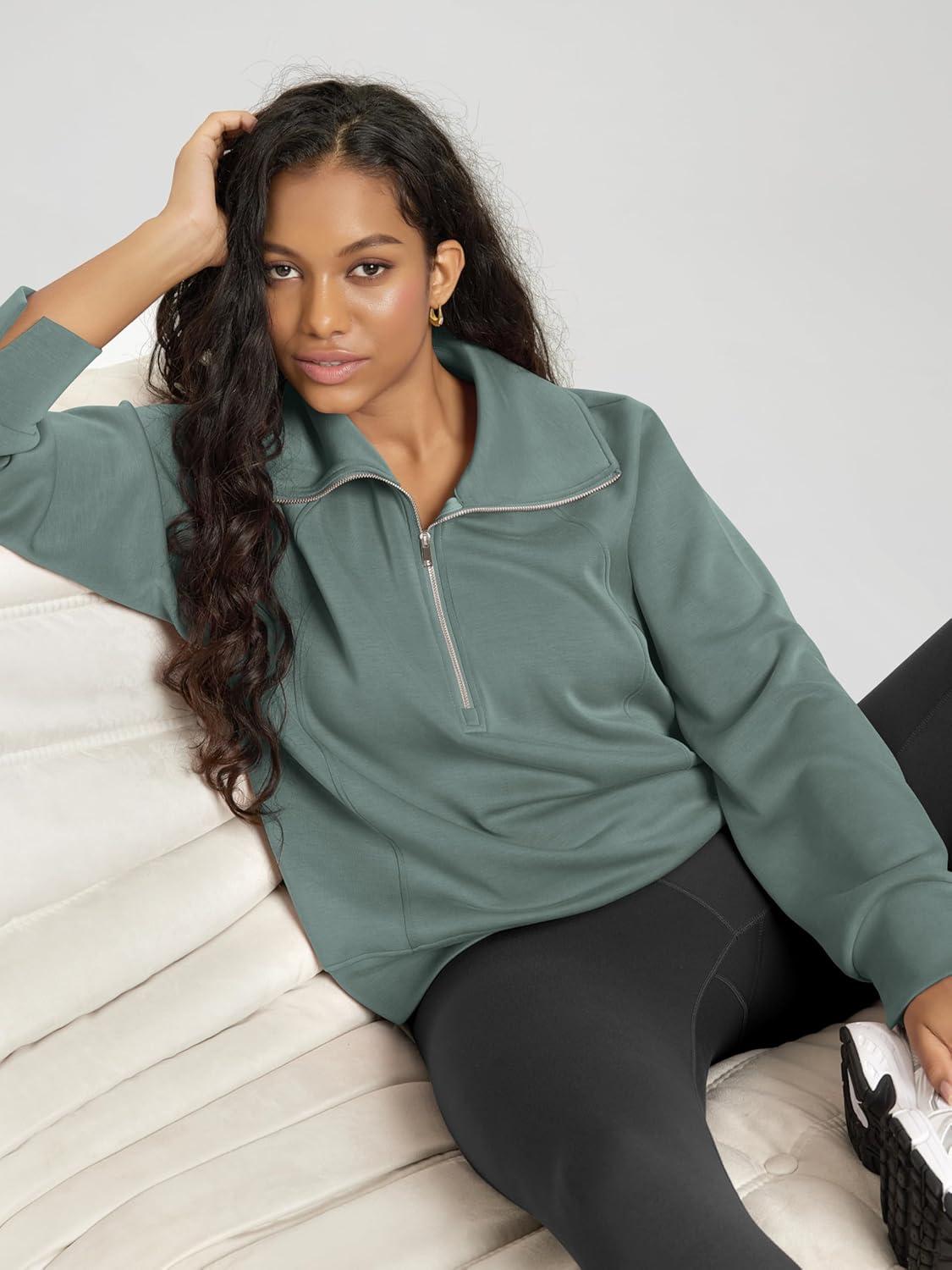 imageODODOS Modal Soft HalfZip Sweatshirts for Women Long Sleeve Relaxed Fit Collared Pullover TopSlate Green