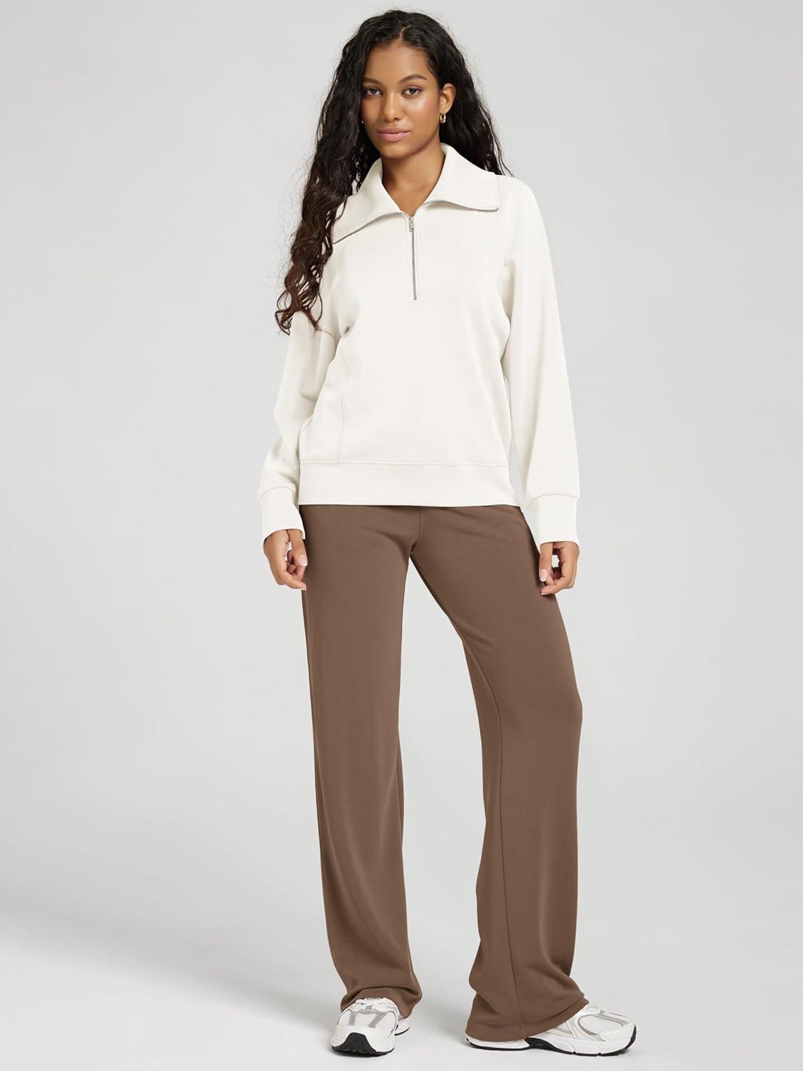 imageODODOS Modal Soft HalfZip Sweatshirts for Women Long Sleeve Relaxed Fit Collared Pullover TopWhite