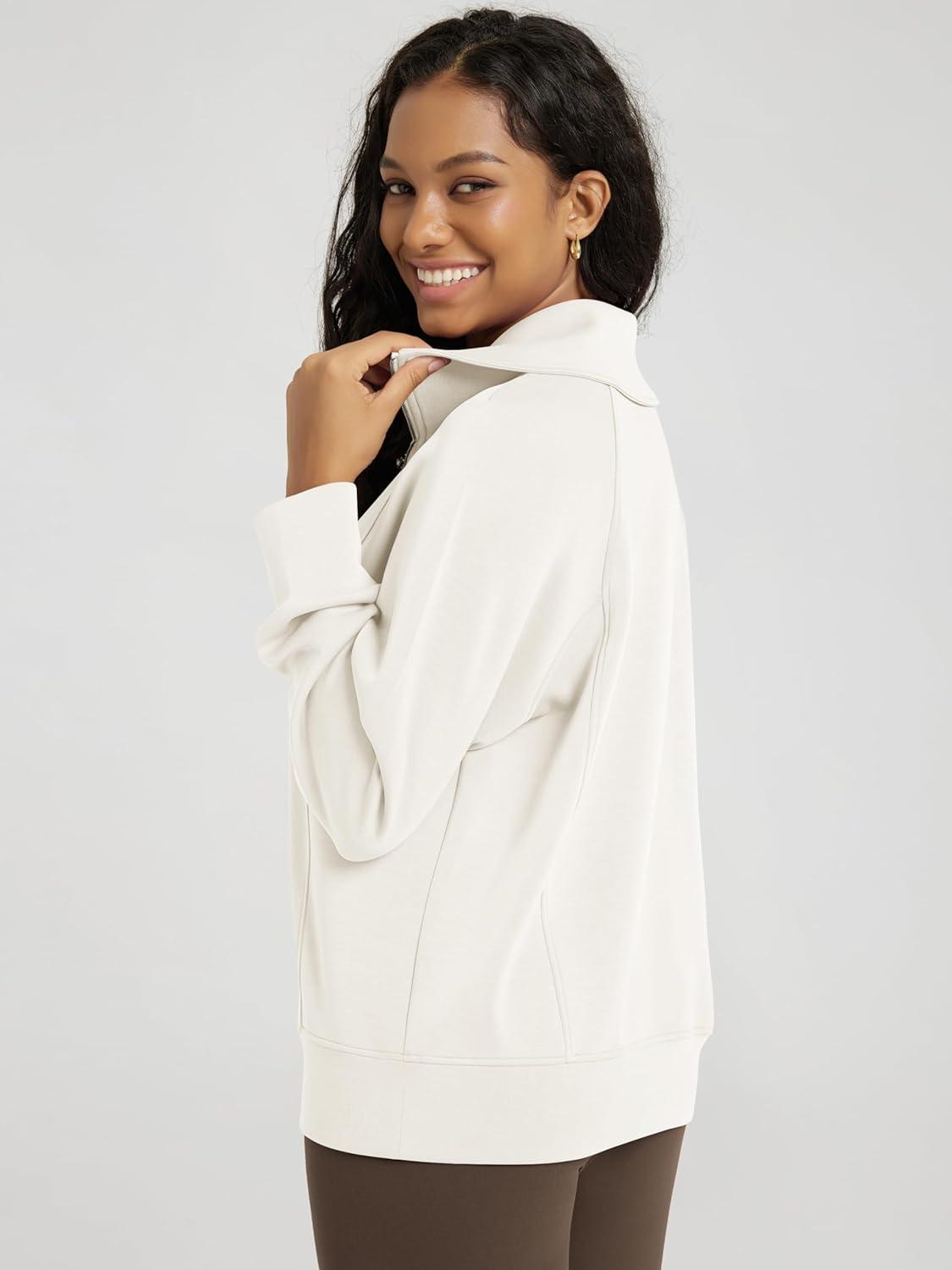 imageODODOS Modal Soft HalfZip Sweatshirts for Women Long Sleeve Relaxed Fit Collared Pullover TopWhite