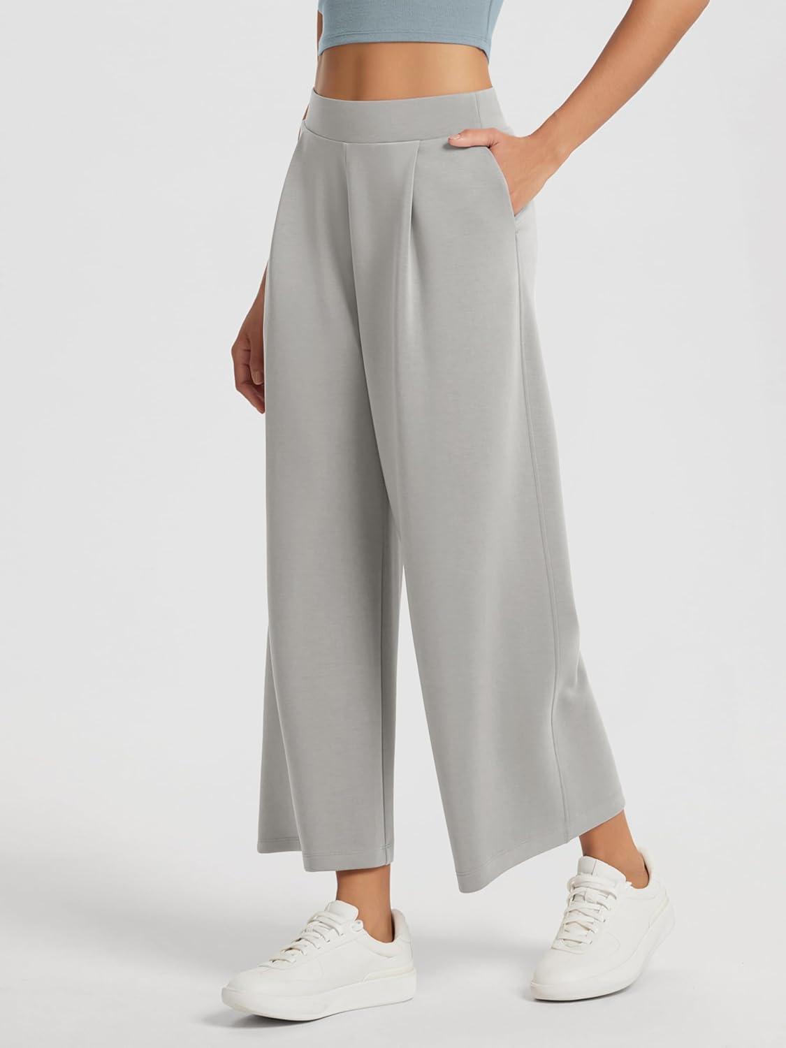 imageODODOS Modal Soft Wide Leg Cropped Pants for Women High Waist Casual Relaxed Pants with Pockets25 InseamLight Gray