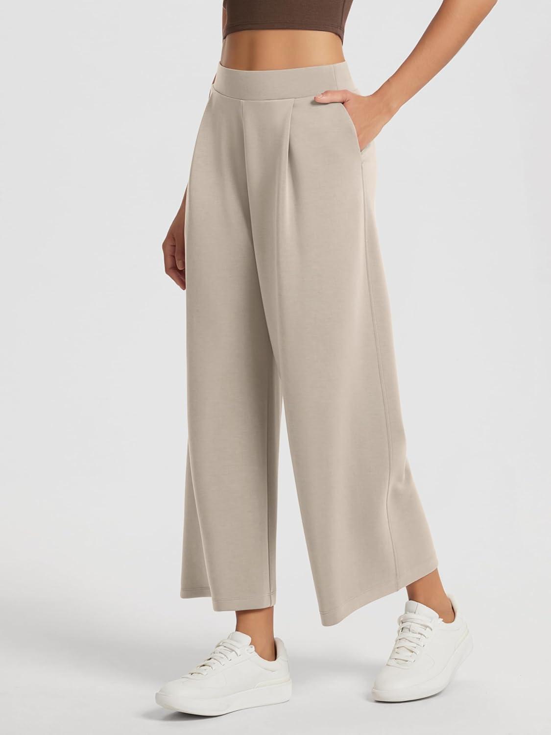 imageODODOS Modal Soft Wide Leg Cropped Pants for Women High Waist Casual Relaxed Pants with Pockets25 InseamSmokey Taupe