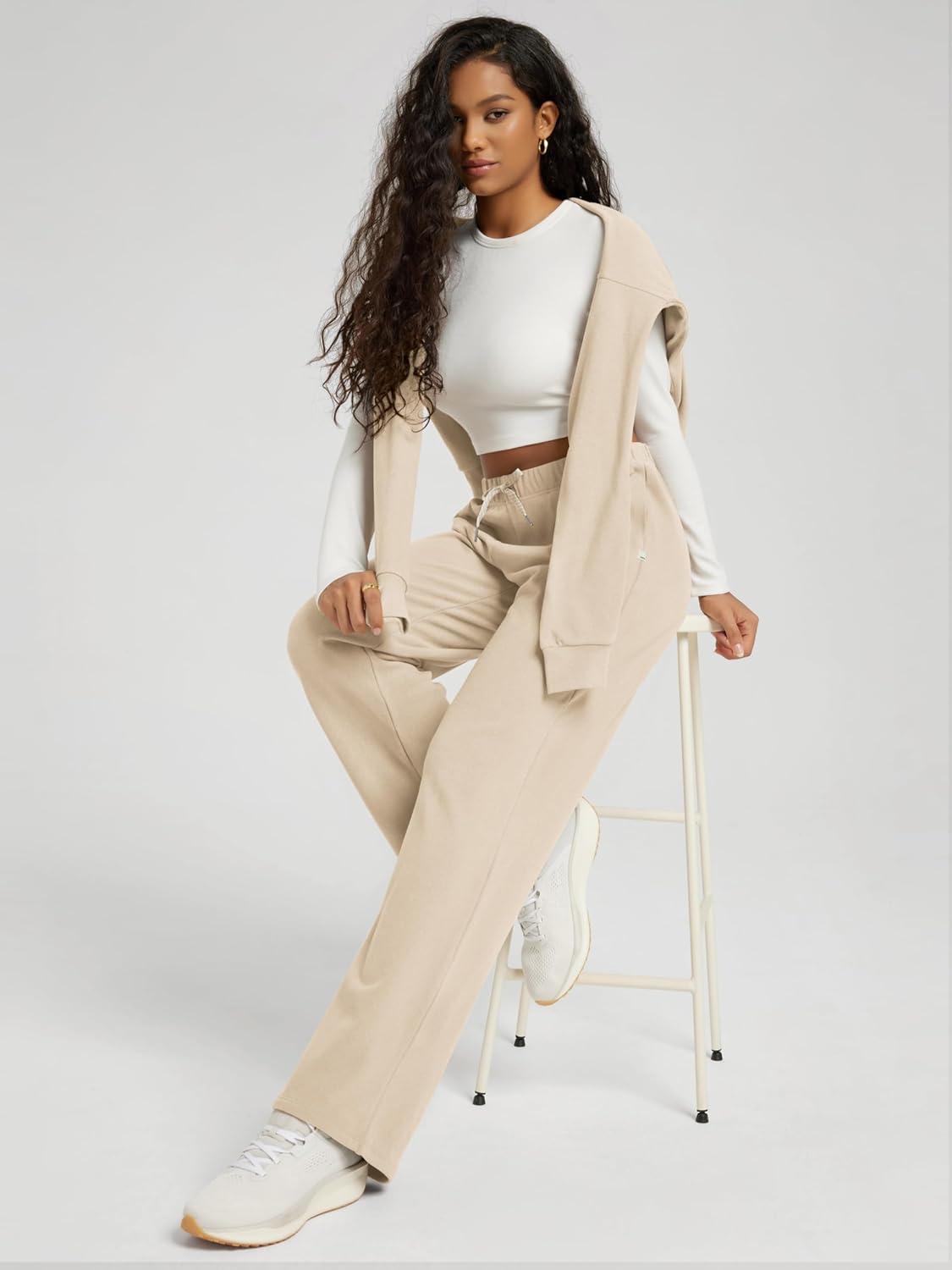 imageODODOS Womens Brushed Fleece Straight Leg Pants  Cozy Warm HighRise Relaxed Lounge Sweatpants with Pockets  29quot InseamBeige Heather