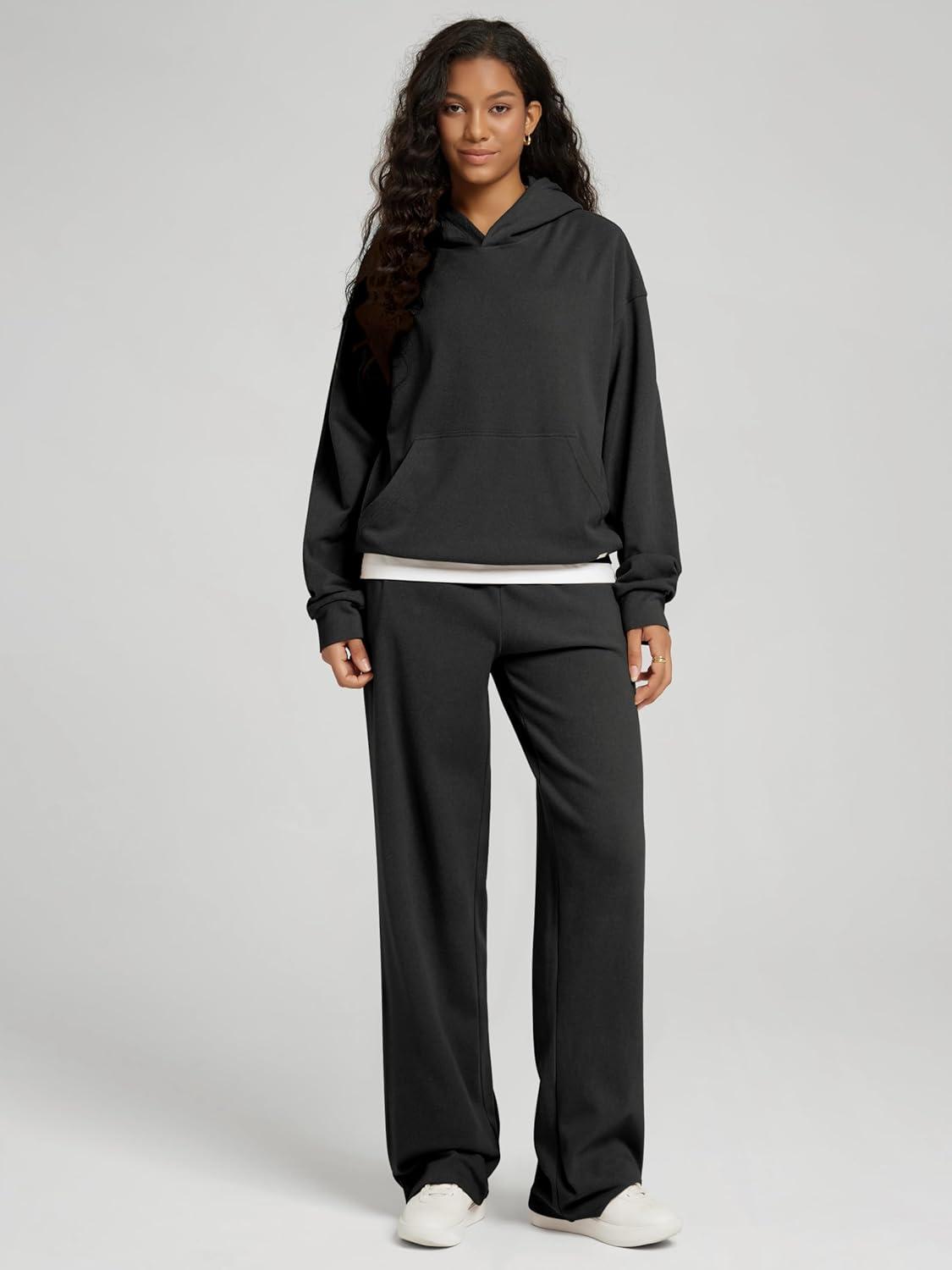 imageODODOS Womens Brushed Fleece Straight Leg Pants  Cozy Warm HighRise Relaxed Lounge Sweatpants with Pockets  29quot InseamBlack