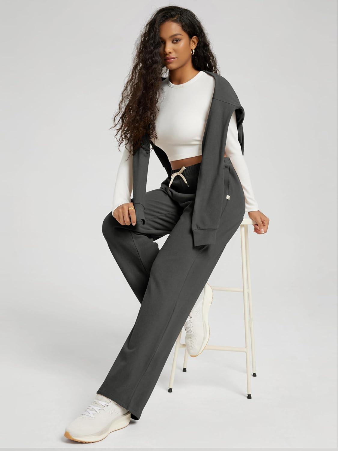 imageODODOS Womens Brushed Fleece Straight Leg Pants  Cozy Warm HighRise Relaxed Lounge Sweatpants with Pockets  29quot InseamCharcoal Heather