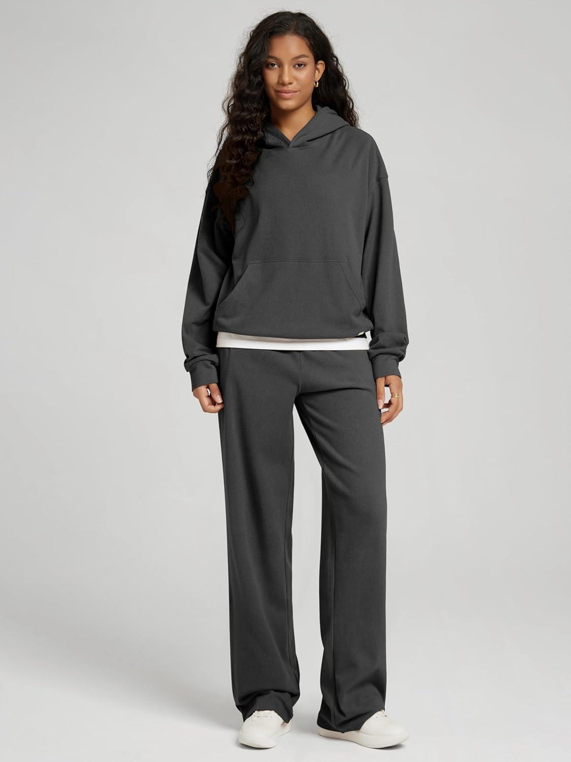 imageODODOS Womens Brushed Fleece Straight Leg Pants  Cozy Warm HighRise Relaxed Lounge Sweatpants with Pockets  29quot InseamCharcoal Heather