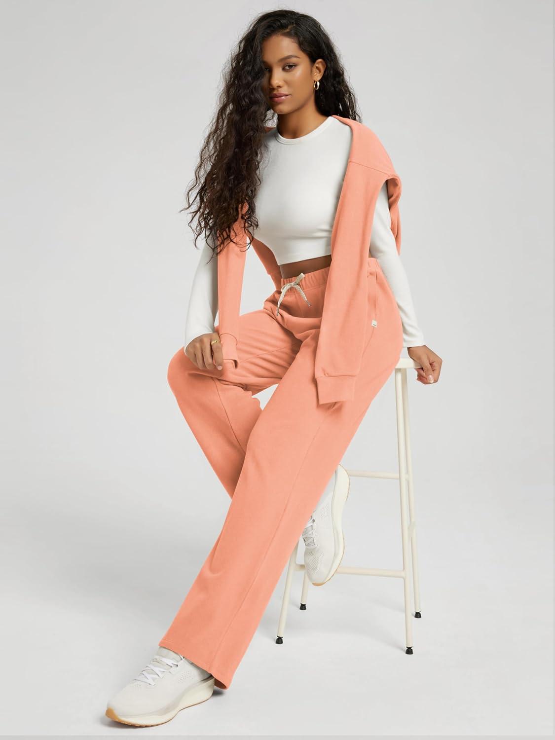 imageODODOS Womens Brushed Fleece Straight Leg Pants  Cozy Warm HighRise Relaxed Lounge Sweatpants with Pockets  29quot InseamCoral Heather