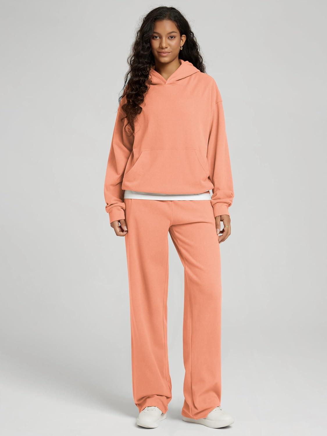 imageODODOS Womens Brushed Fleece Straight Leg Pants  Cozy Warm HighRise Relaxed Lounge Sweatpants with Pockets  29quot InseamCoral Heather