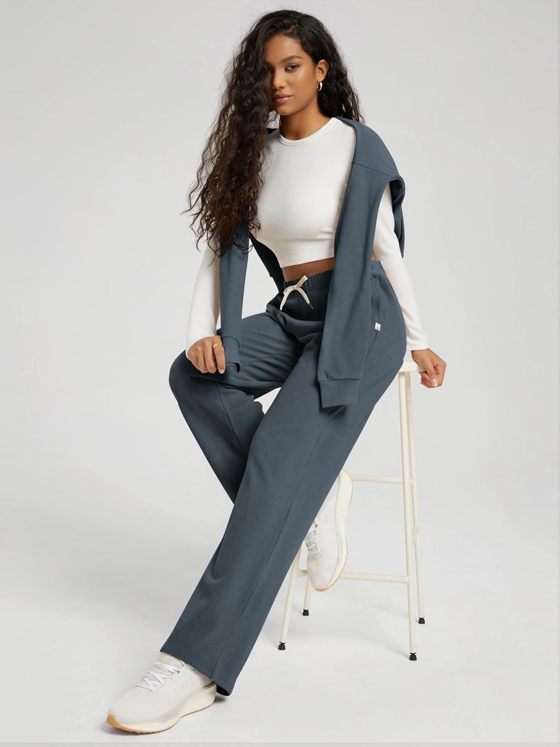 imageODODOS Womens Brushed Fleece Straight Leg Pants  Cozy Warm HighRise Relaxed Lounge Sweatpants with Pockets  29quot InseamDark Blue Heather