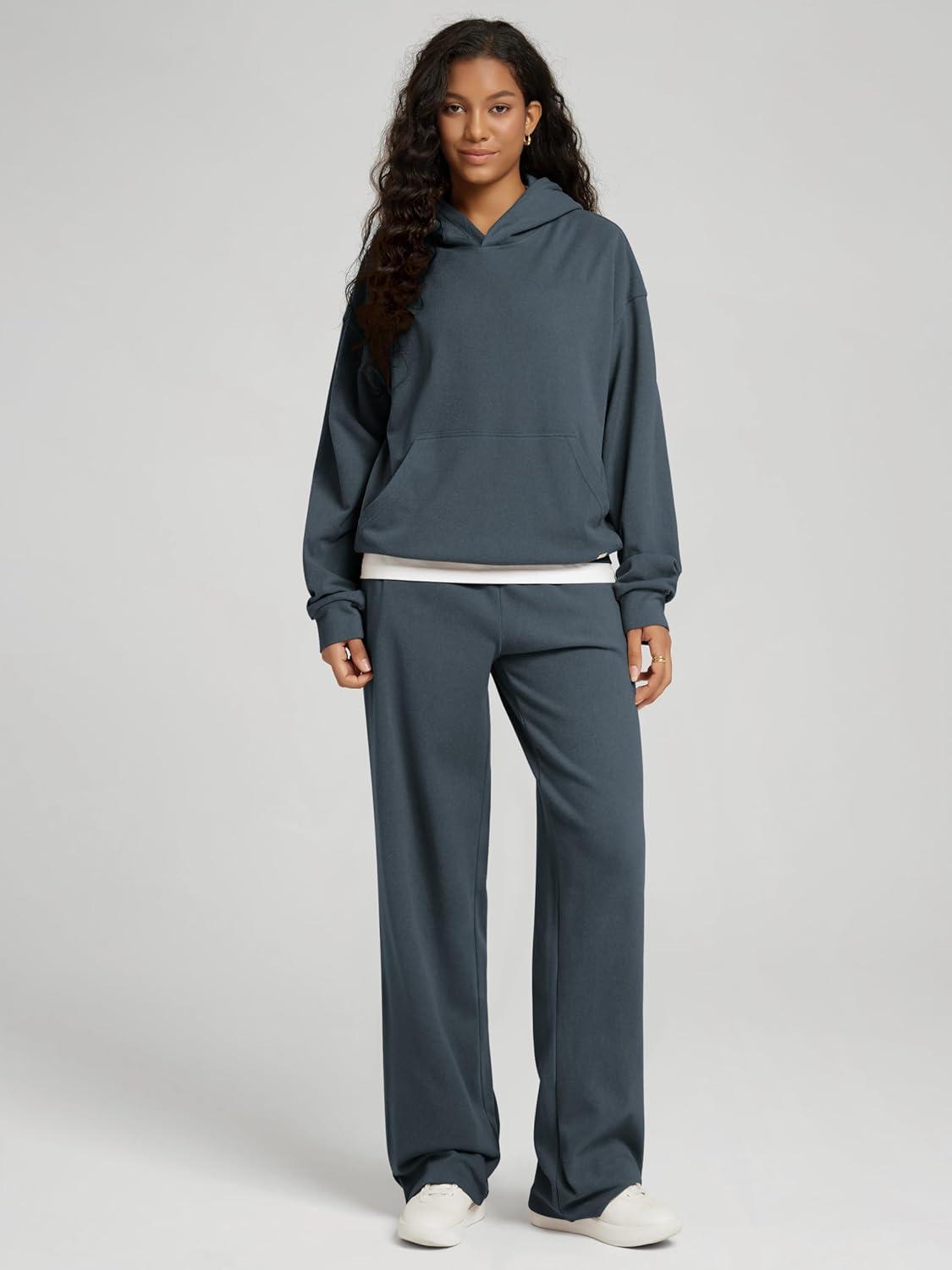 imageODODOS Womens Brushed Fleece Straight Leg Pants  Cozy Warm HighRise Relaxed Lounge Sweatpants with Pockets  29quot InseamDark Blue Heather