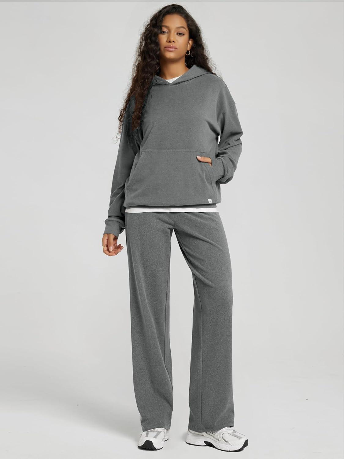 imageODODOS Womens Brushed Fleece Straight Leg Pants  Cozy Warm HighRise Relaxed Lounge Sweatpants with Pockets  29quot InseamGray Heather