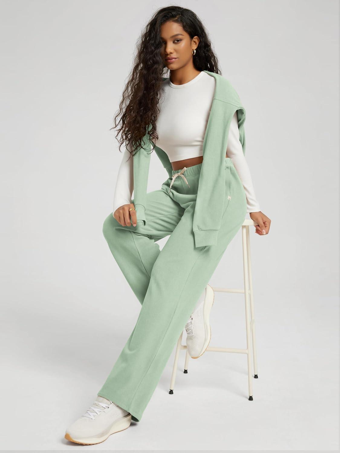 imageODODOS Womens Brushed Fleece Straight Leg Pants  Cozy Warm HighRise Relaxed Lounge Sweatpants with Pockets  29quot InseamMint Green Heather