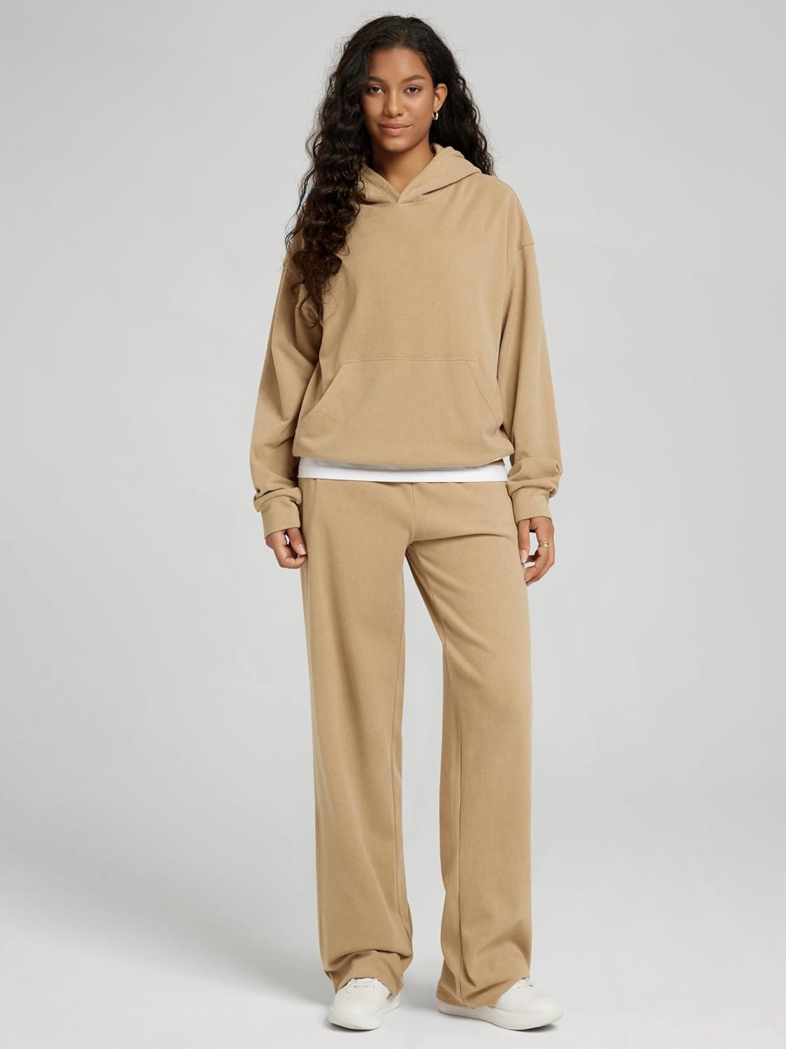 imageODODOS Womens Brushed Fleece Straight Leg Pants  Cozy Warm HighRise Relaxed Lounge Sweatpants with Pockets  29quot InseamSand Heather