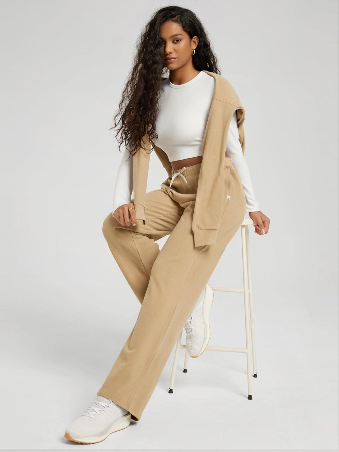 imageODODOS Womens Brushed Fleece Straight Leg Pants  Cozy Warm HighRise Relaxed Lounge Sweatpants with Pockets  29quot InseamSand Heather