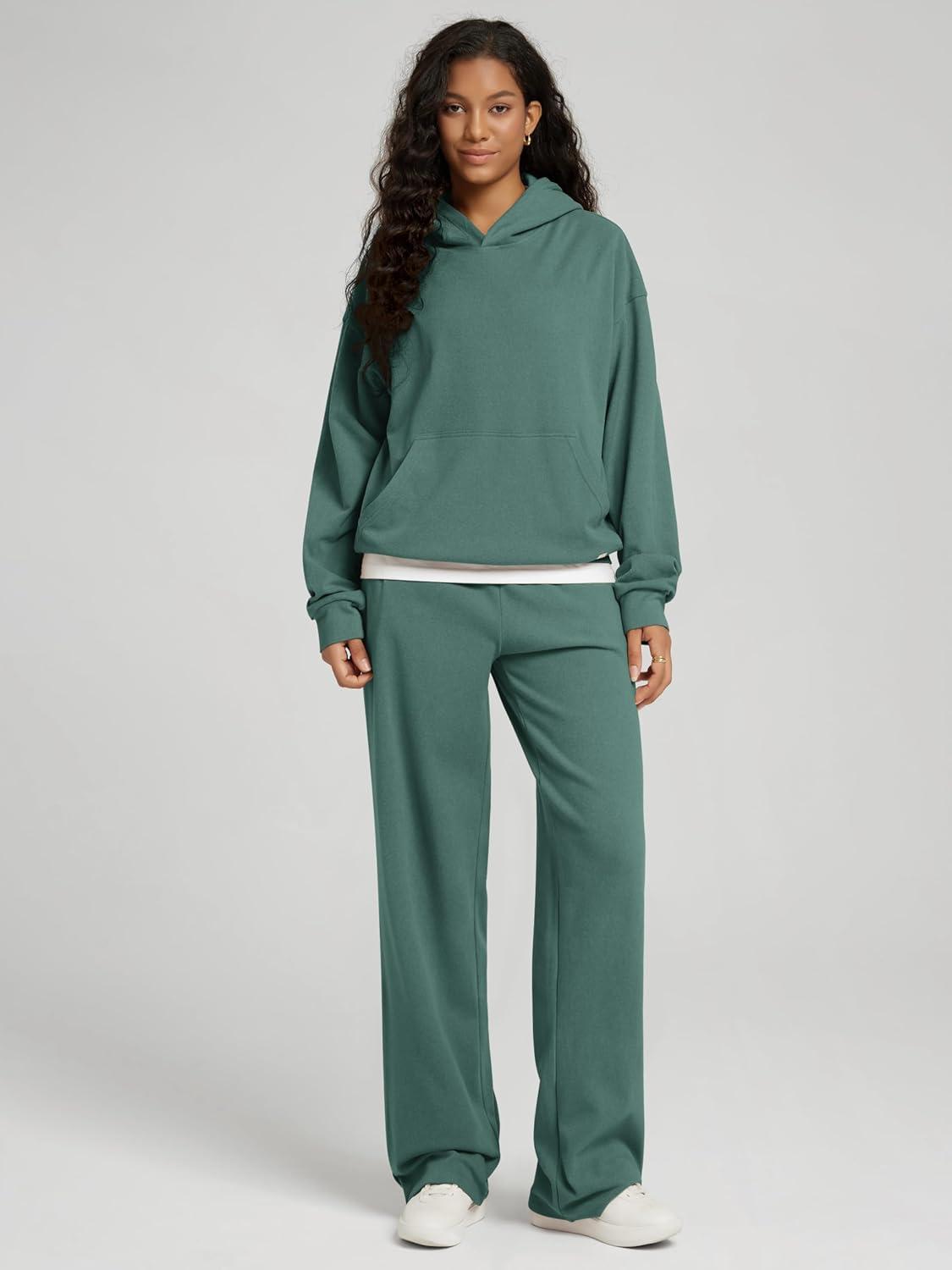 imageODODOS Womens Brushed Fleece Straight Leg Pants  Cozy Warm HighRise Relaxed Lounge Sweatpants with Pockets  29quot InseamTeal Green Heather